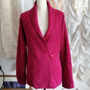 Jones New York Woman Cardigan SZ L Shawl Collar Ramie Acrylic Two Tone Red Knit